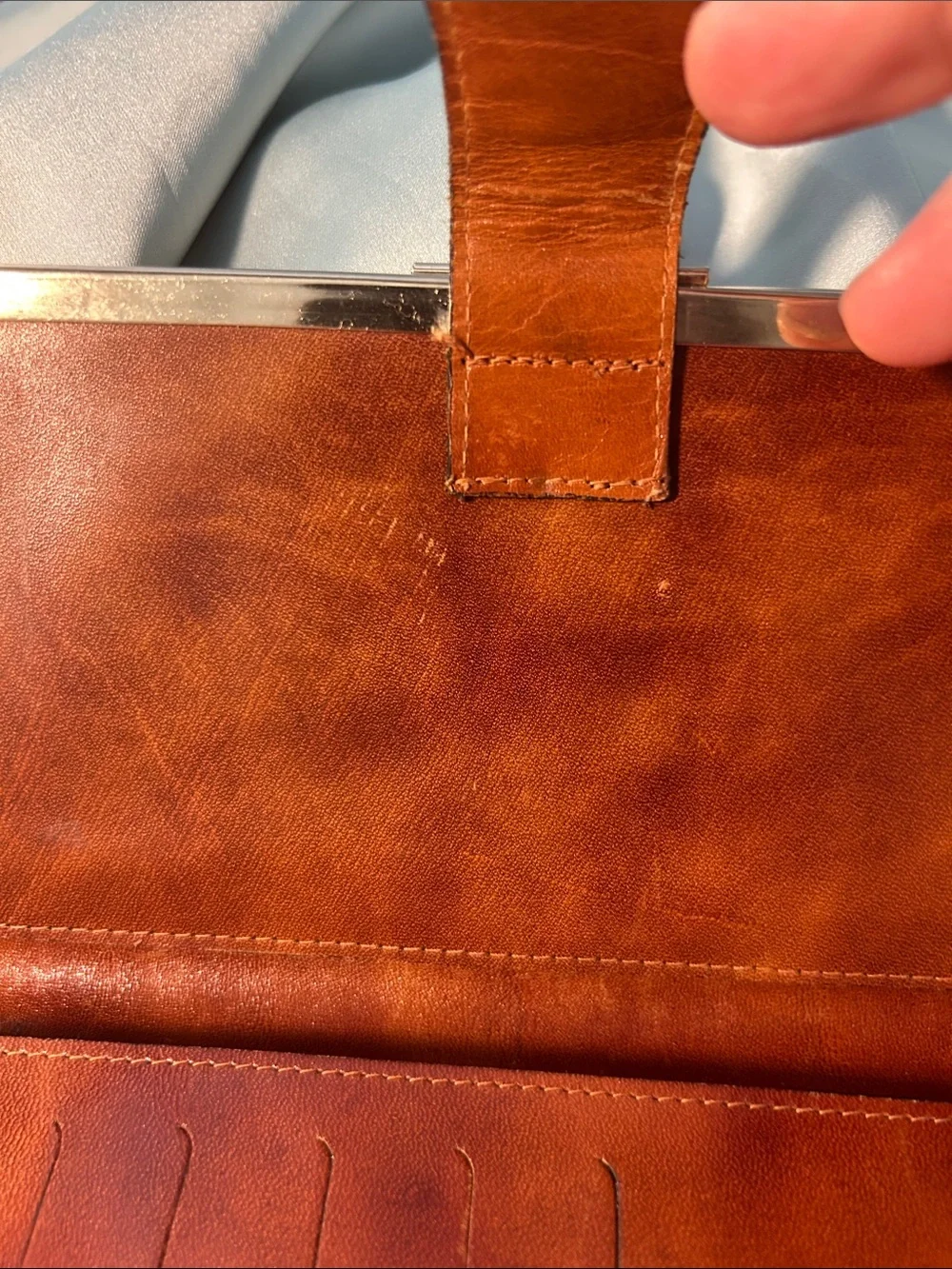 Italian Leather Wallet w/ kiss lock closure, in Cognac Brown